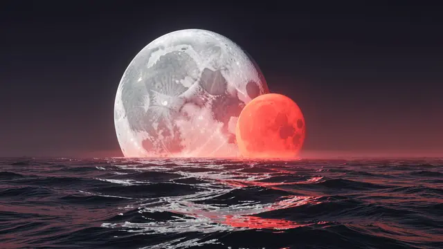 A large silver moon and smaller red moon sit low above dark rippling alien ocean waves under a dark gradient sky