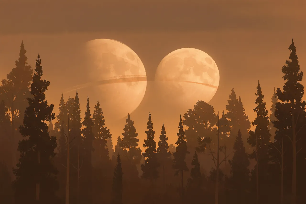 Two large banded moons rise behind silhouetted conifer trees in hazy golden fog