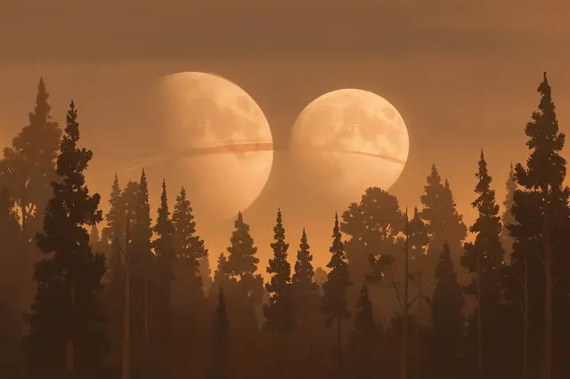 Two large banded moons rise behind silhouetted conifer trees in hazy golden fog