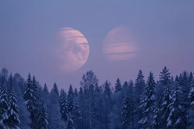 Two banded glowing moons rise above a snow-covered conifer and birch forest in hazy twilight.