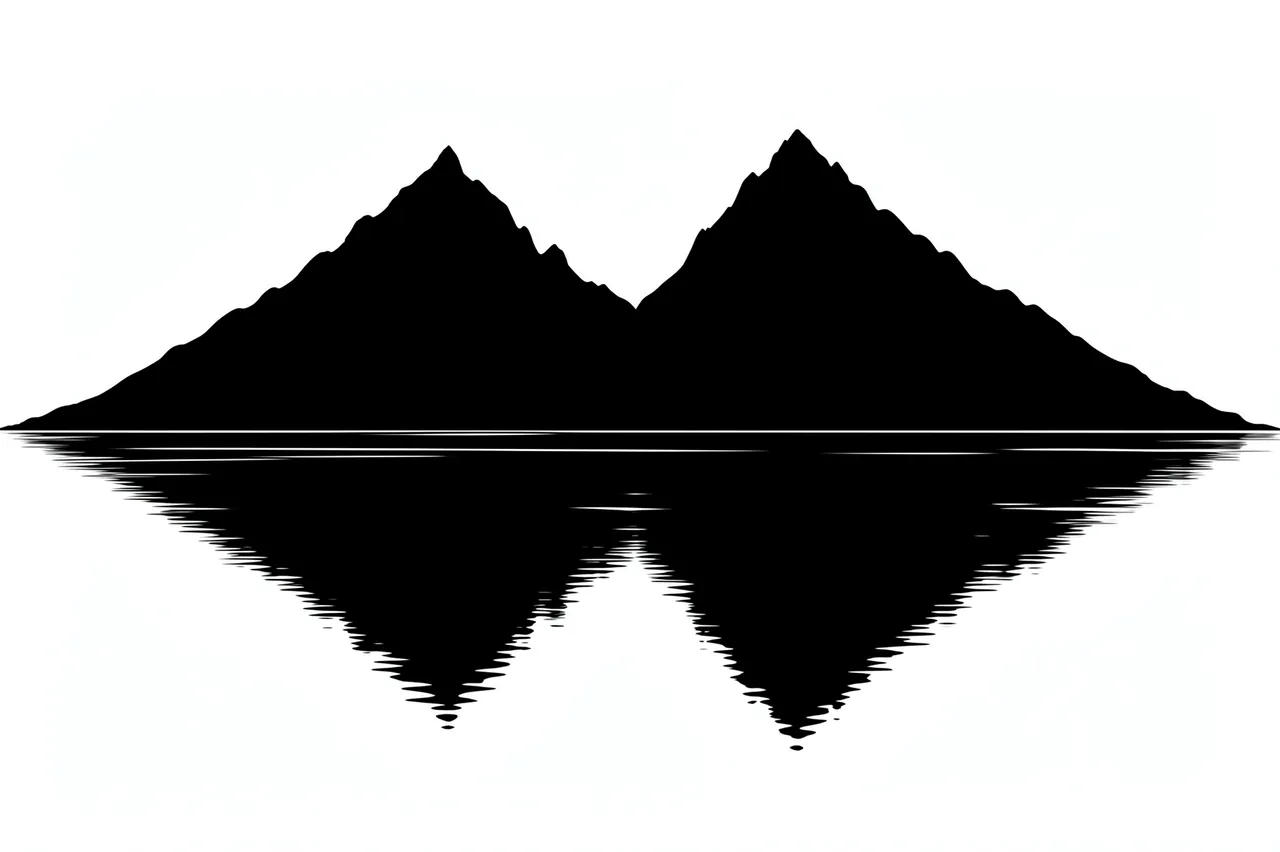 Solid black silhouette of twin mountain peaks with rippled reflection on a plain white background