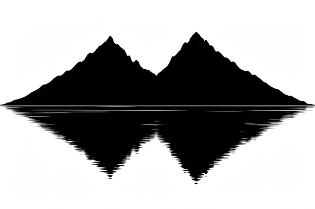 Solid black silhouette of twin mountain peaks with rippled reflection on a plain white background