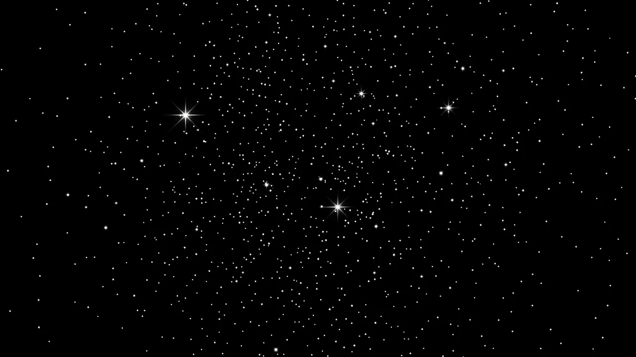 A sparse star field with bright twinkling stars set against a solid pure black background