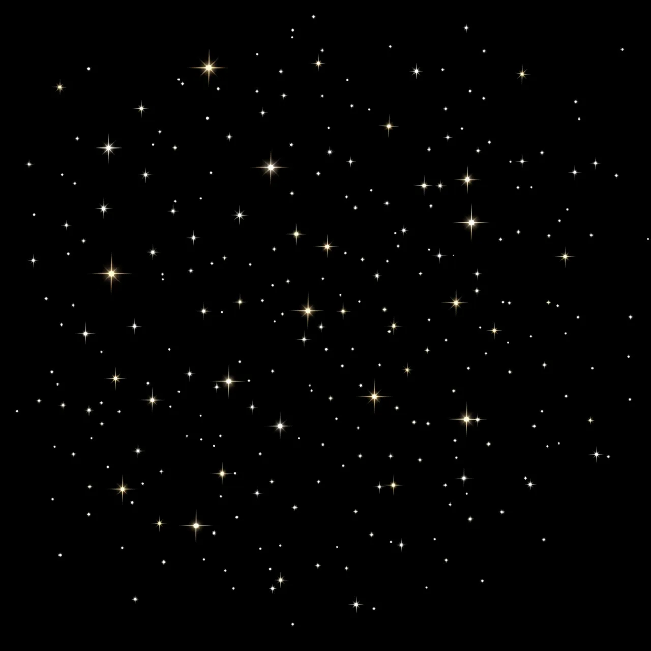 Scattered cross-shaped twinkling star glows against a solid pure black background
