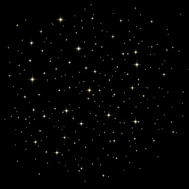 Scattered cross-shaped twinkling star glows against a solid pure black background