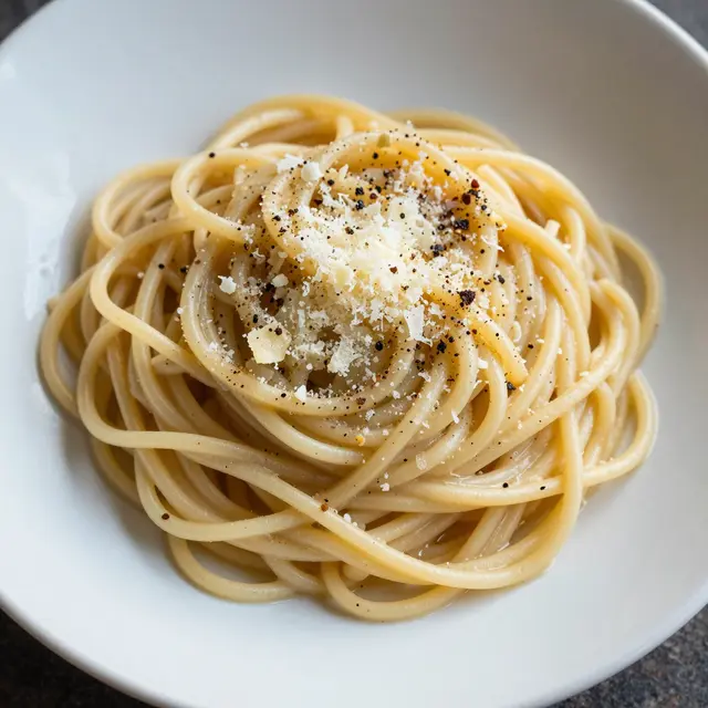 Twirled cacio e pepe spaghetti topped with grated cheese and cracked pepper in a white shallow bowl