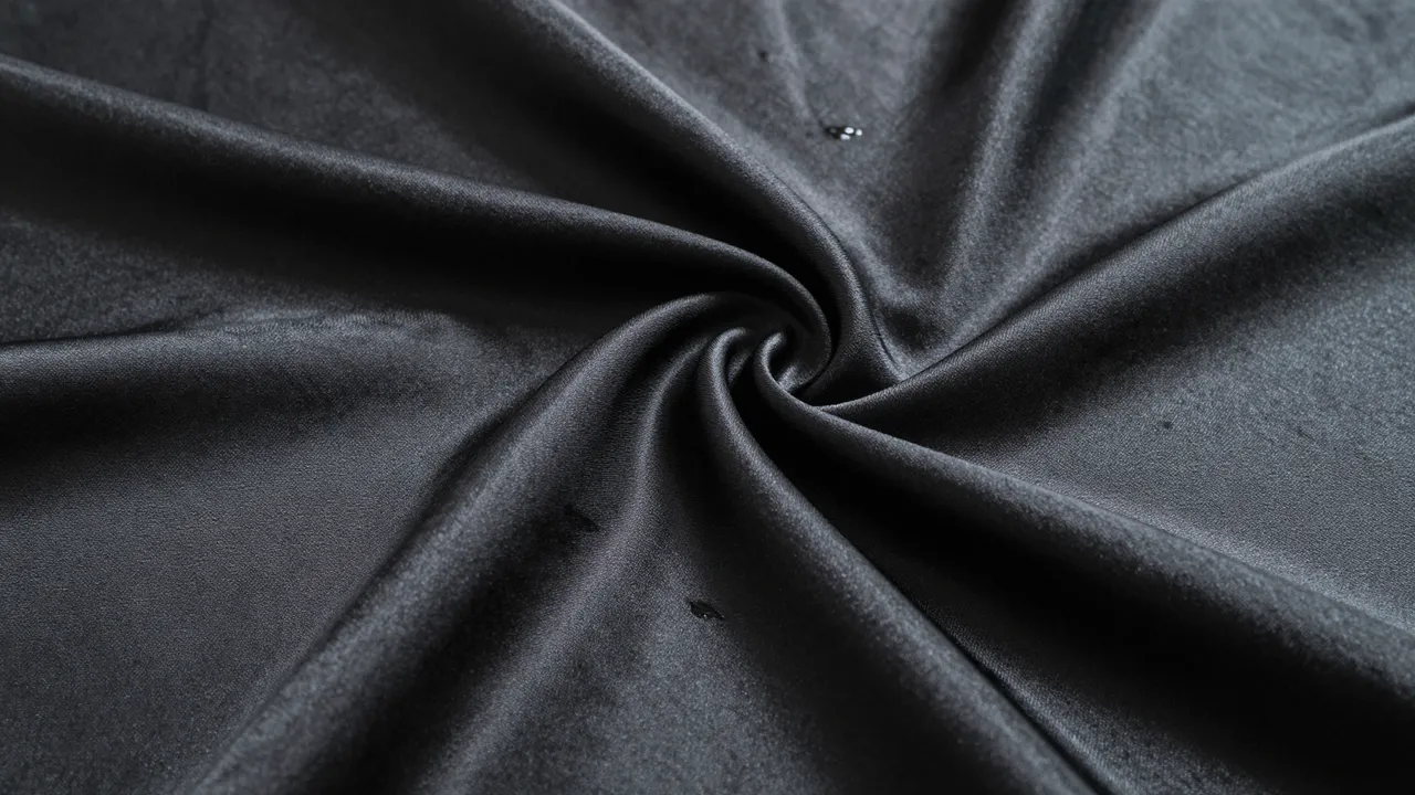 Close-up of twisted black satin fabric with soft rippling folds and subtle sheen