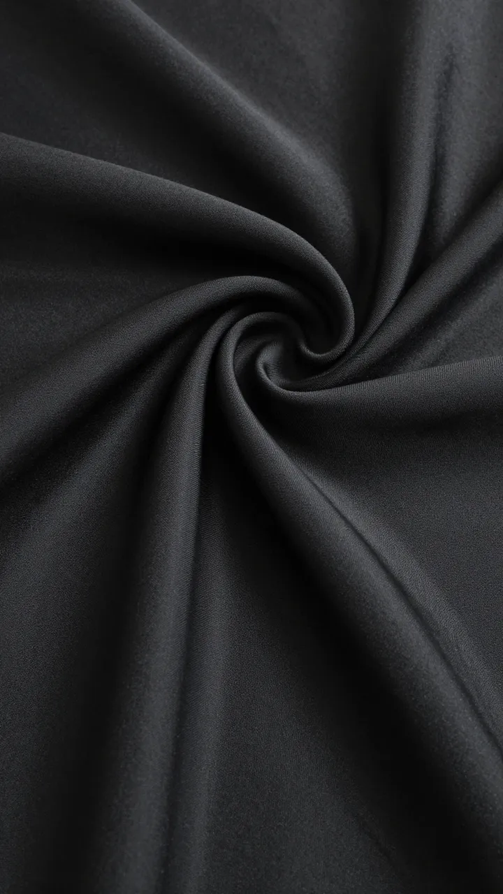 Close-up view of soft twisted black silk fabric with smooth curved folds spiraling to a center point