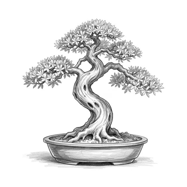 Graphite pencil sketch of a gnarled twisted bonsai tree growing in a shallow ceramic pot on a plain white background