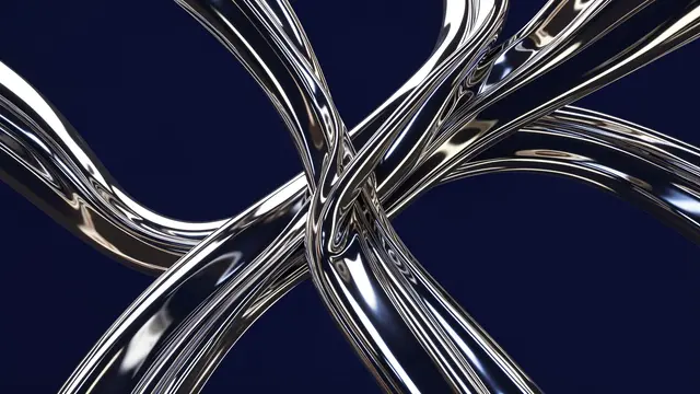 Glossy twisting liquid chrome ribbons curve over a solid deep navy background