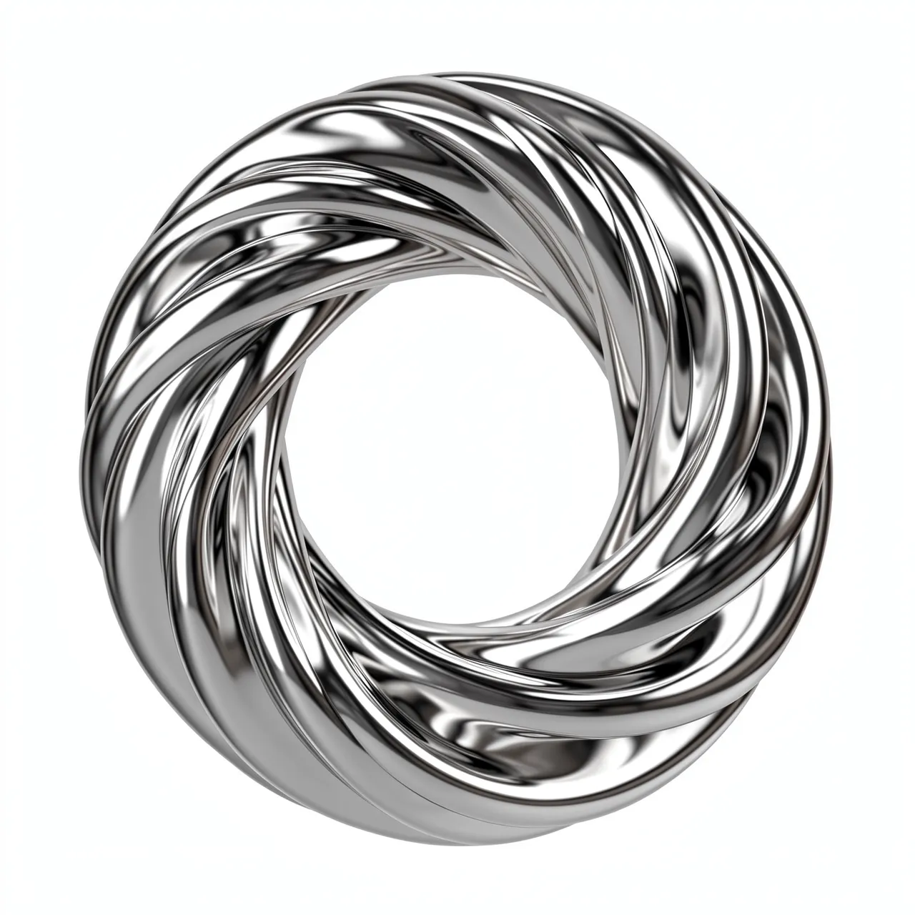 A polished twisted chrome torus 3D render set against a plain white background