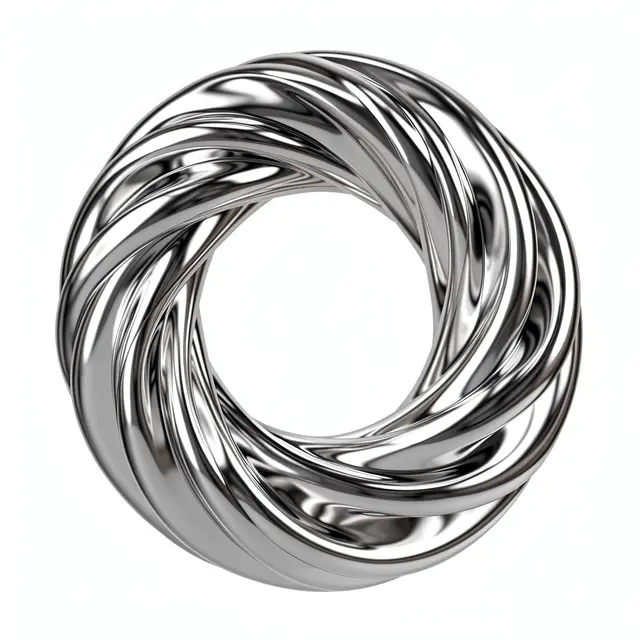 A polished twisted chrome torus 3D render set against a plain white background