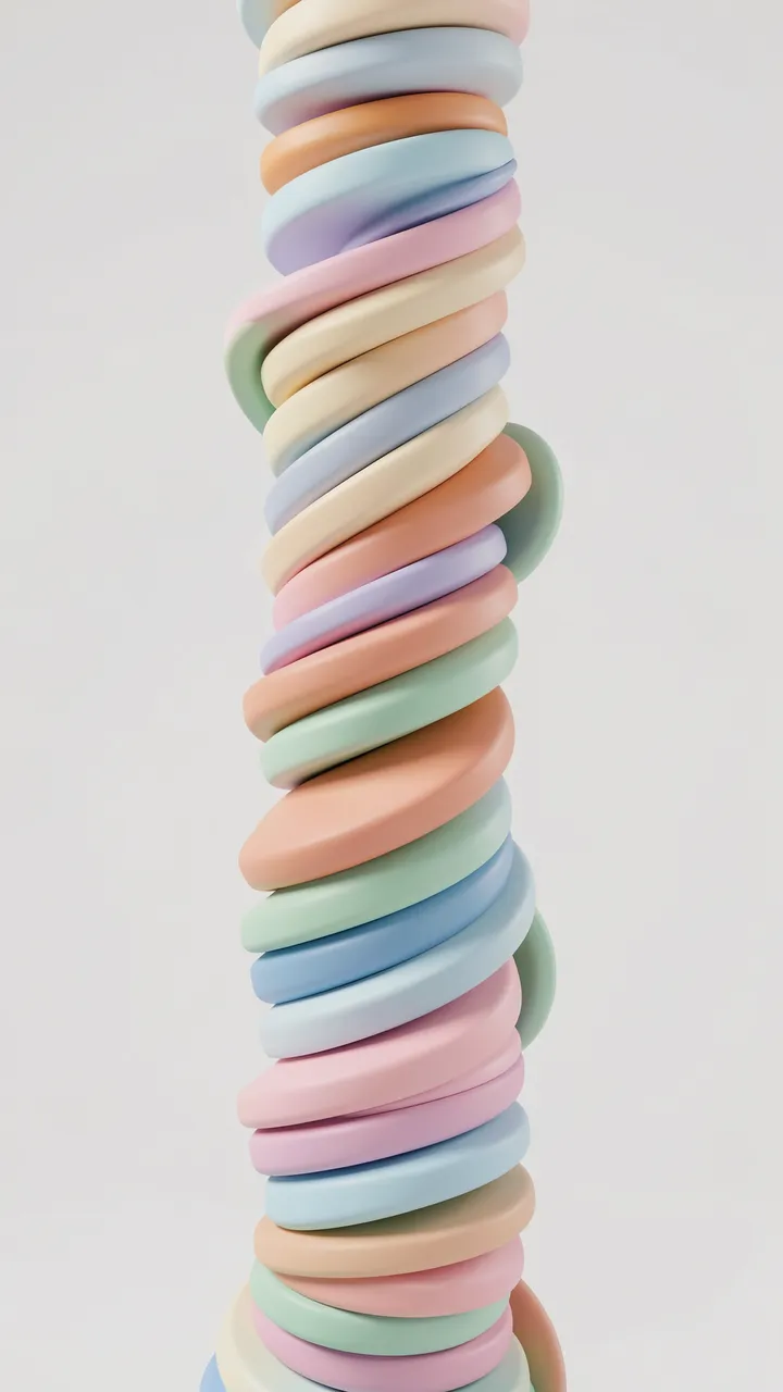 A vertical 3D rendering of a twisting column made of stacked soft pastel discs against a plain light gray background
