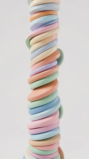 A vertical 3D rendering of a twisting column made of stacked soft pastel discs against a plain light gray background