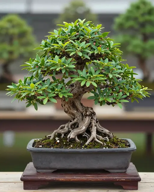 A gnarled leafy bonsai tree in a ceramic pot rests on a dark wooden display stand with blurred bonsai in the background