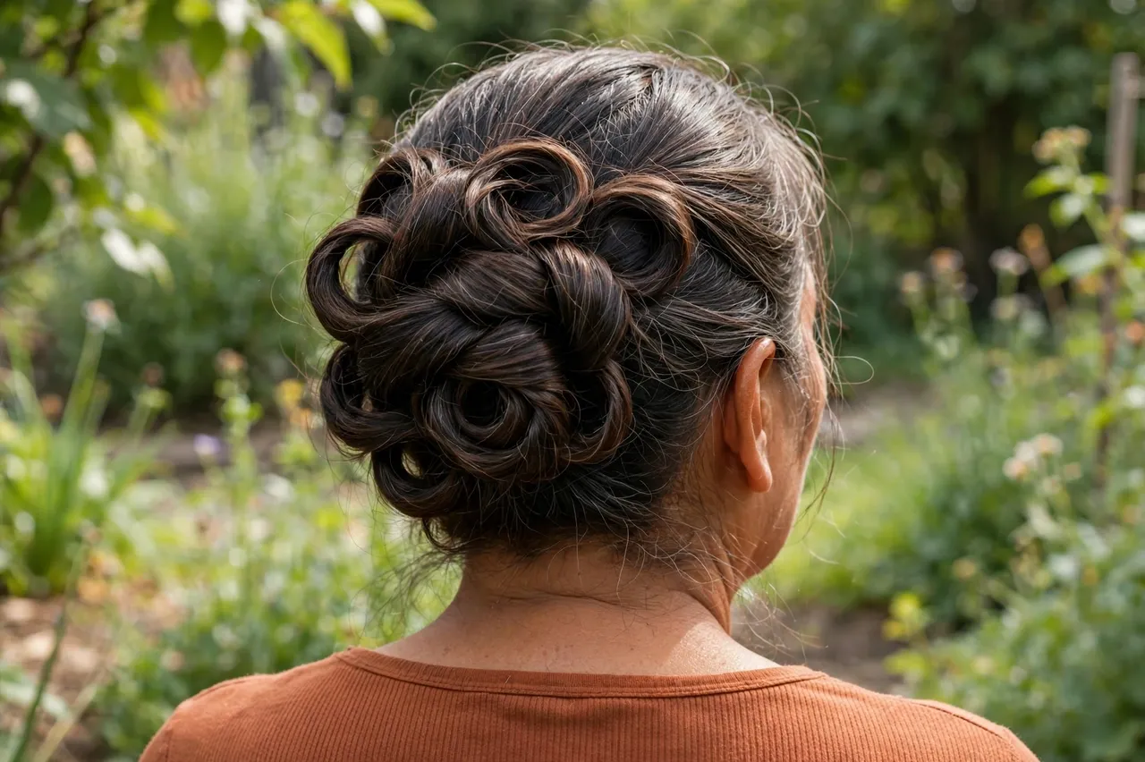 Back view of a woman with an intricate rolled twisted updo standing in a sunlit garden