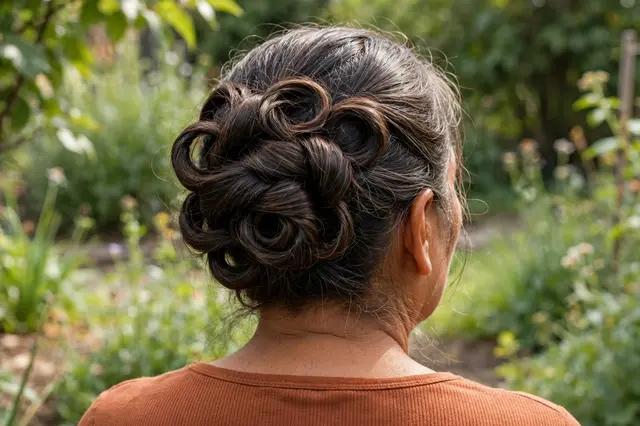 Back view of a woman with an intricate rolled twisted updo standing in a sunlit garden
