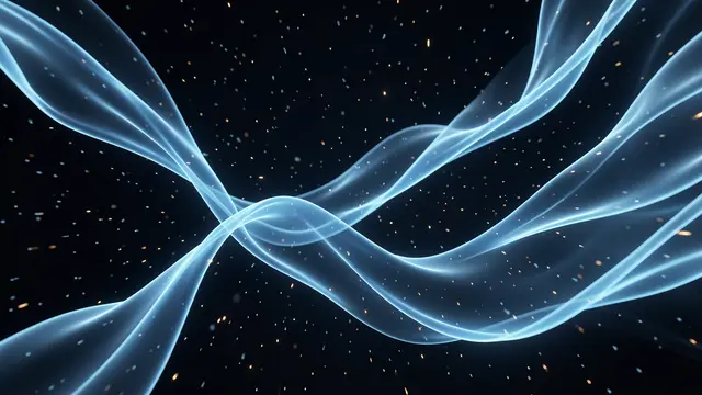 Translucent swirling blue light ribbons drift with scattered glowing sparks against a dark black background