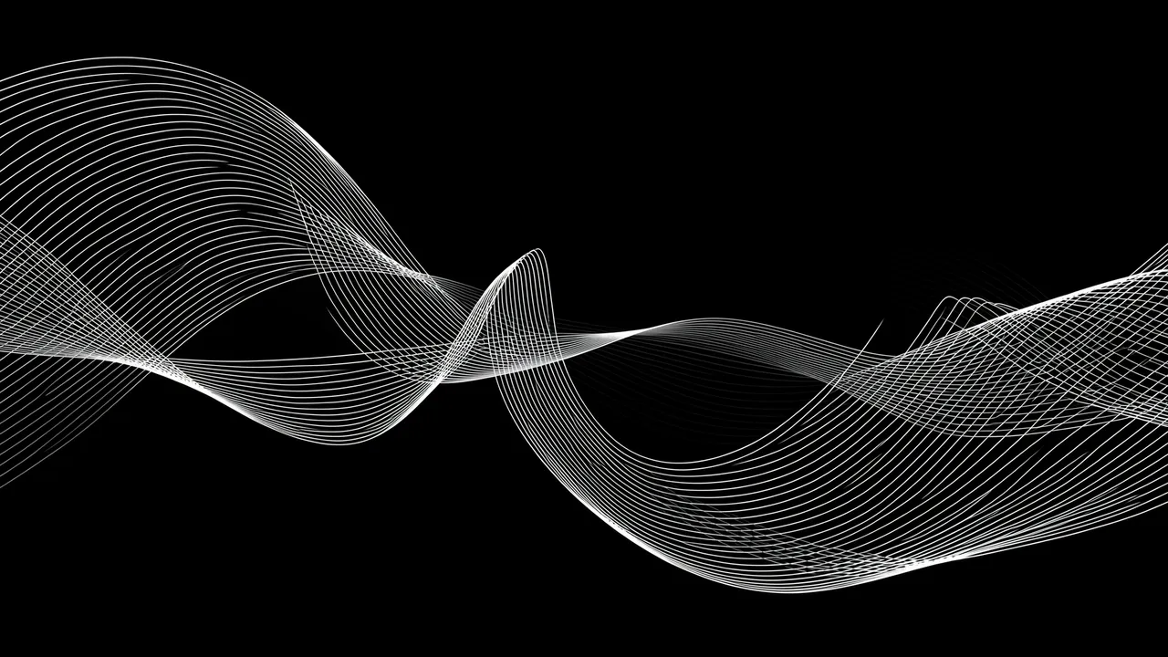 Flowing thin white parametric ribbon lines twist across a solid black background