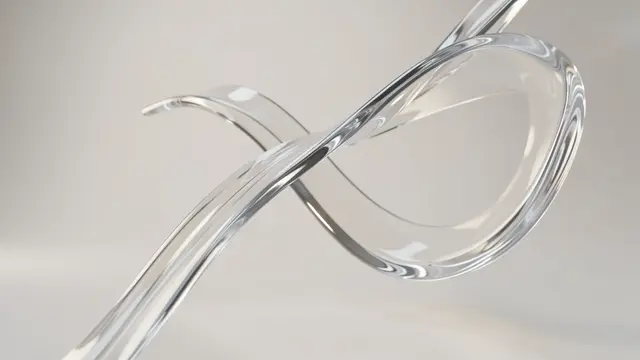 A smooth twisted clear glass ribbon curves against a soft neutral light gray background