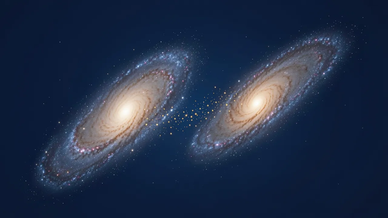 Two spiral galaxies drift toward each other across deep blue space with a trail of golden stars between them