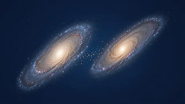 Two spiral galaxies drift toward each other across deep blue space with a trail of golden stars between them