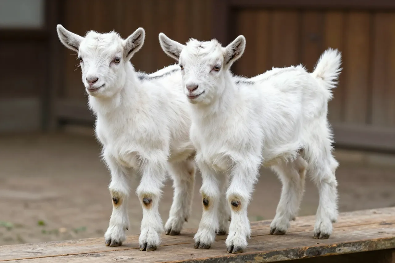 Two fluffy white baby goats stand side by side on a weathered wooden plank