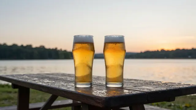 Two frothy golden beer pints sit on a wet wooden picnic table overlooking a calm lake at sunset