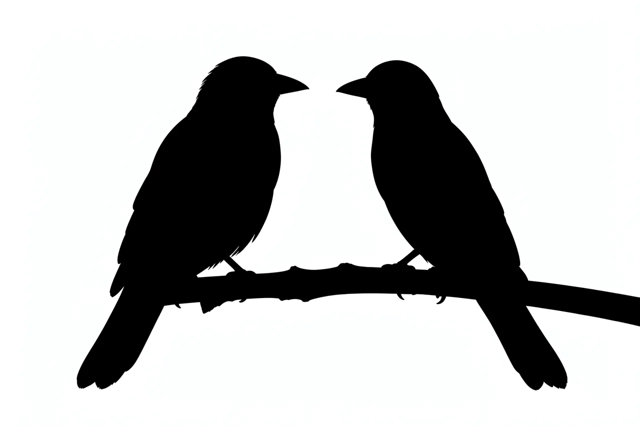 Solid black silhouette of two birds perched on a branch facing each other against a plain white background