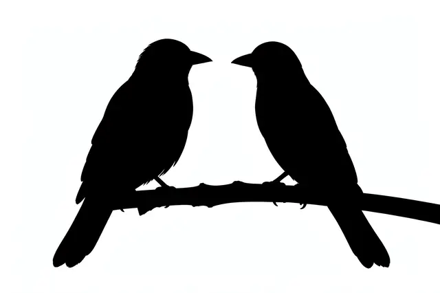Solid black silhouette of two birds perched on a branch facing each other against a plain white background