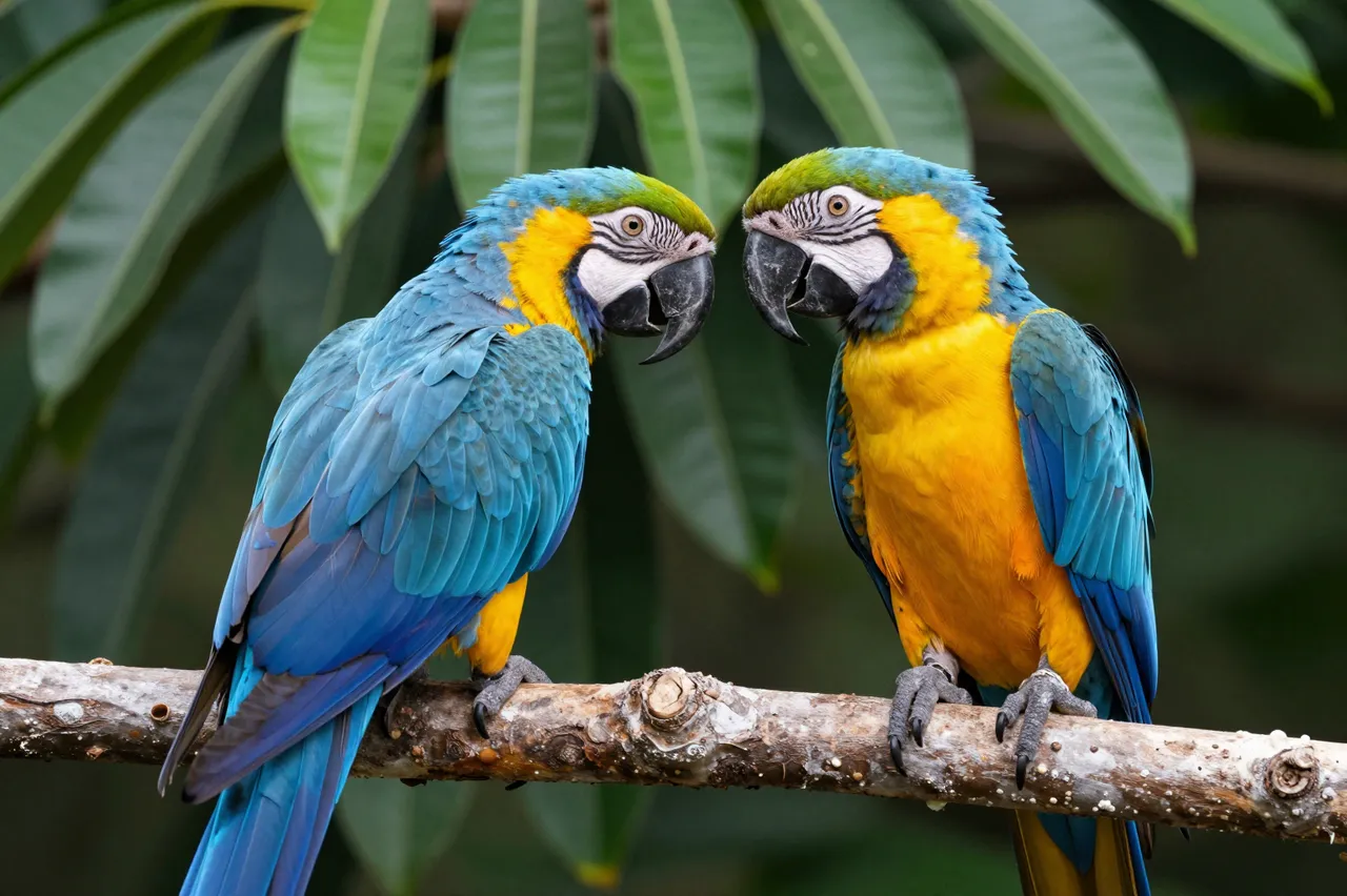 Two blue-and-yellow macaws perched facing each other on a thick branch with green leaves behind them