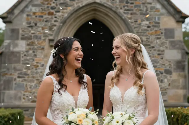 Two laughing brides in wedding gowns stand with bouquets outside a stone chapel under falling confetti