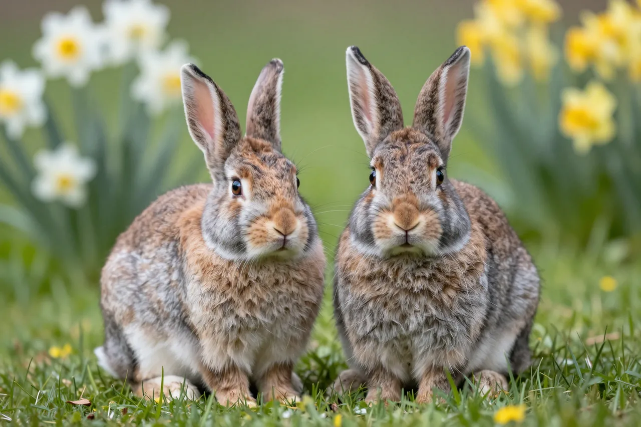 Two brown and gray bunnies sit side by side on grass among blooming spring flowers
