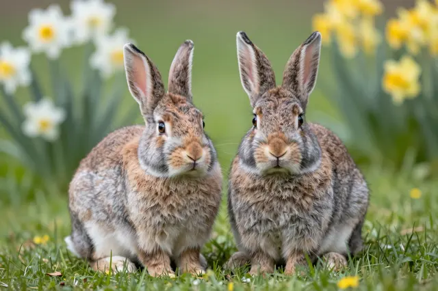 Two brown and gray bunnies sit side by side on grass among blooming spring flowers
