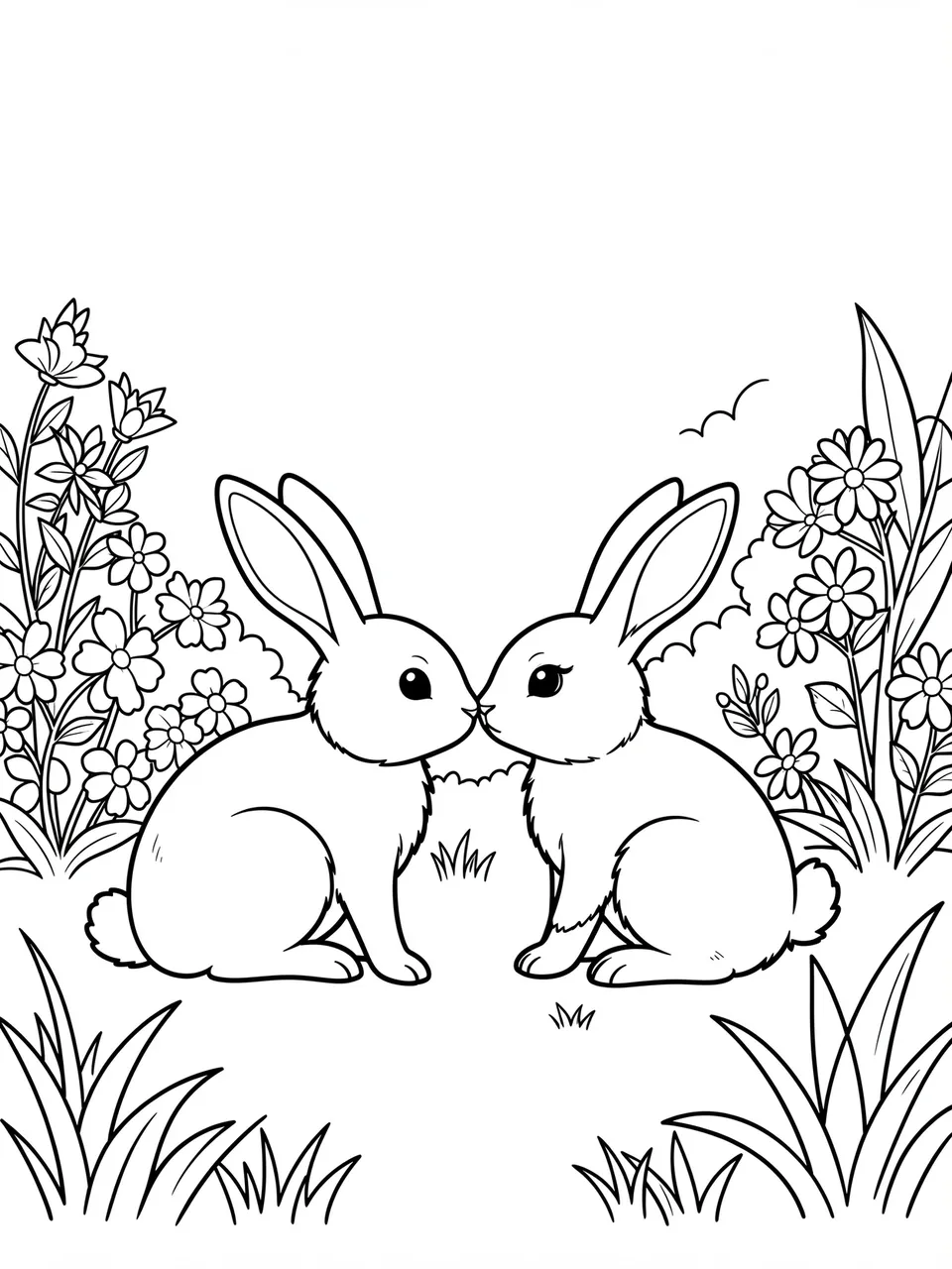 Black and white line art of two bunnies touching noses surrounded by garden flowers for a coloring page