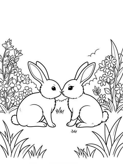 Black and white line art of two bunnies touching noses surrounded by garden flowers for a coloring page