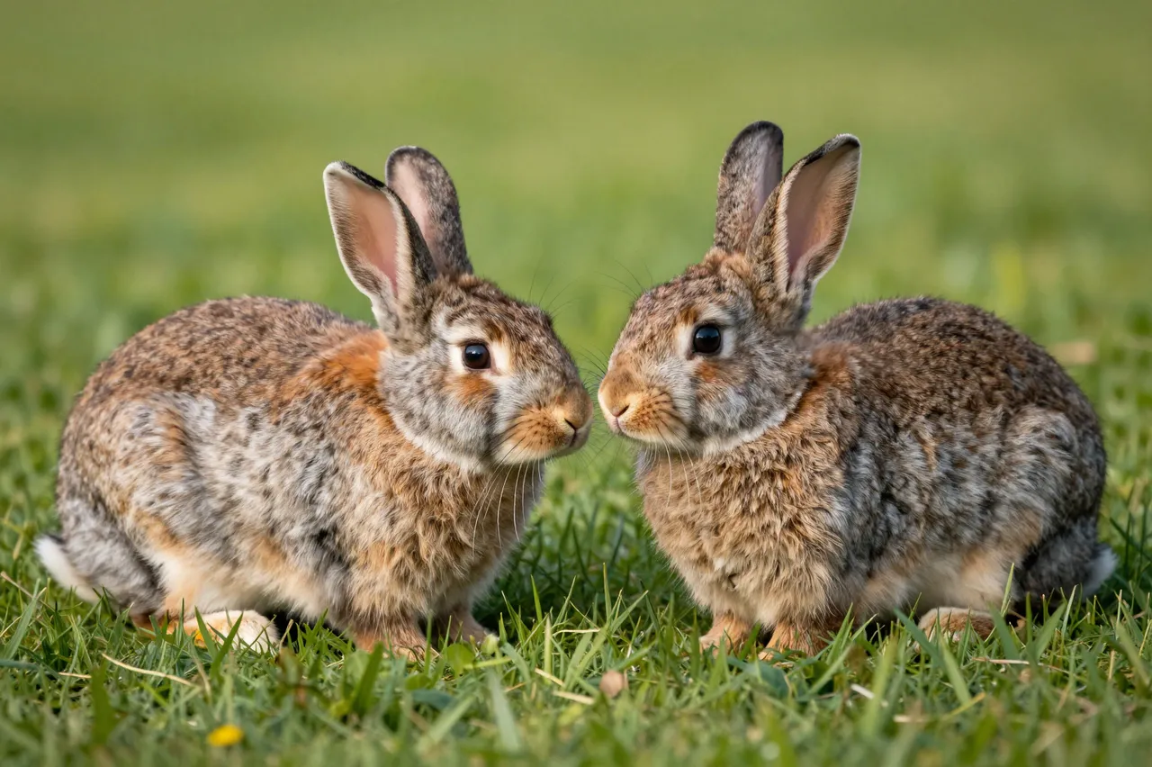 Two wild brown bunnies sit side by side touching noses on lush green grass