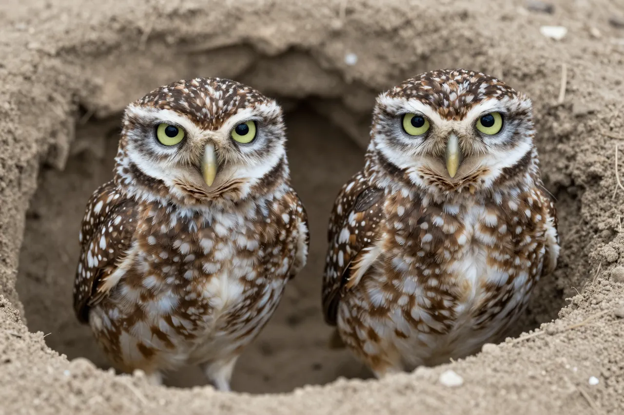 Two spotted burrowing owls stand side by side peering directly out from a sandy burrow opening