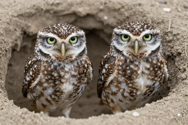 Two spotted burrowing owls stand side by side peering directly out from a sandy burrow opening