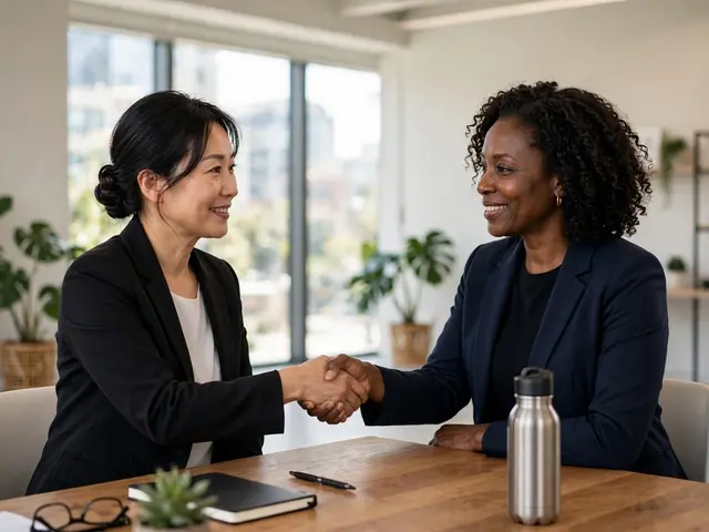 Two professional women in blazers shake hands across a wooden office desk during a meeting