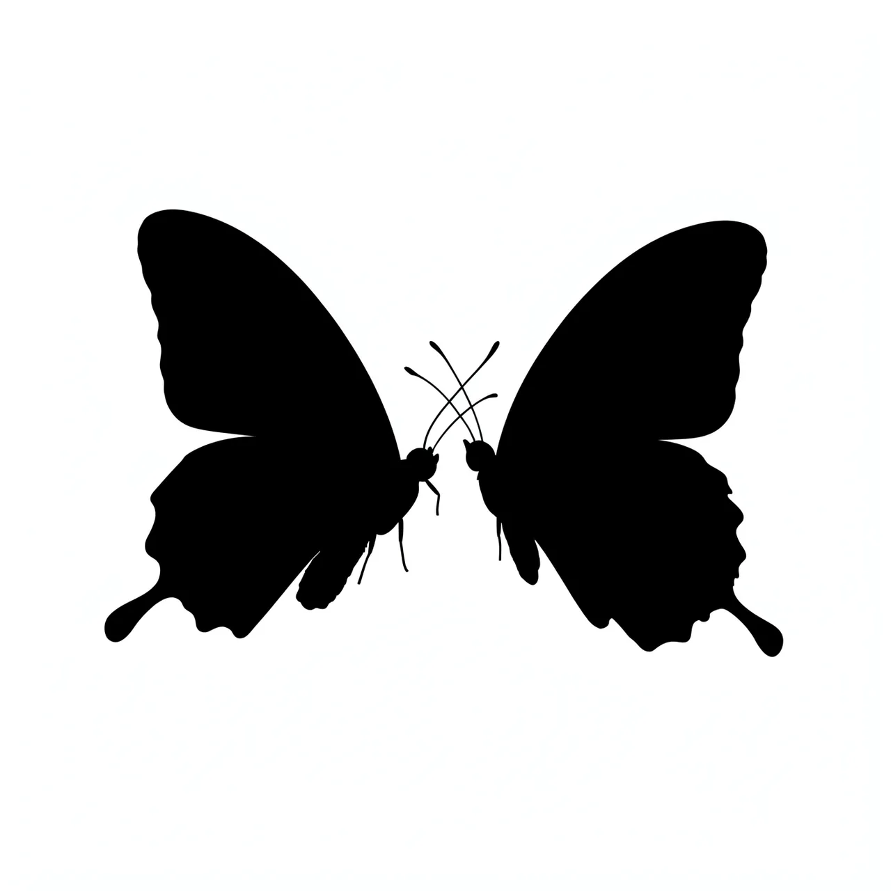 Solid black silhouettes of two facing fluttering butterflies on a plain white background