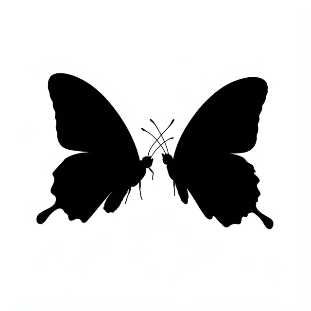 Solid black silhouettes of two facing fluttering butterflies on a plain white background