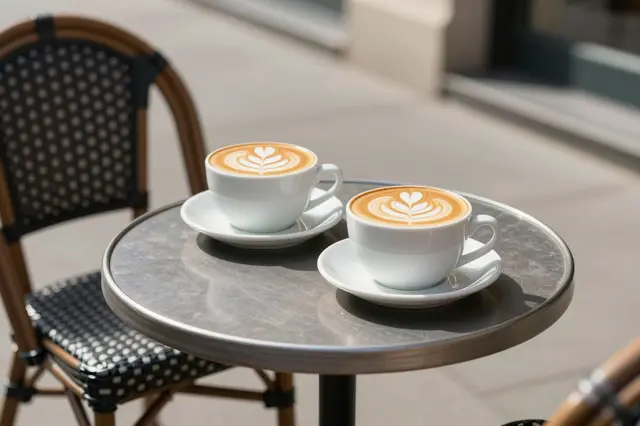 Two white cappuccino cups with rosetta latte art sit on a small round metal sidewalk terrace table in bright sunlight
