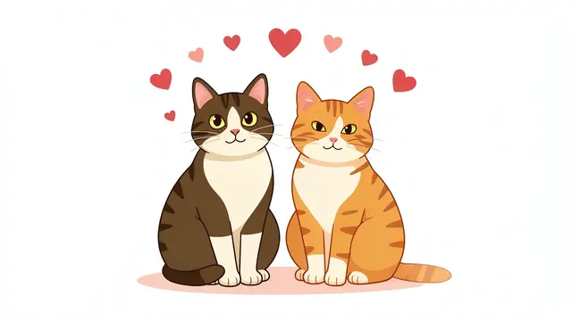A brown tabby and an orange tabby cat sit side by side beneath a curved arc of floating red and pink hearts.