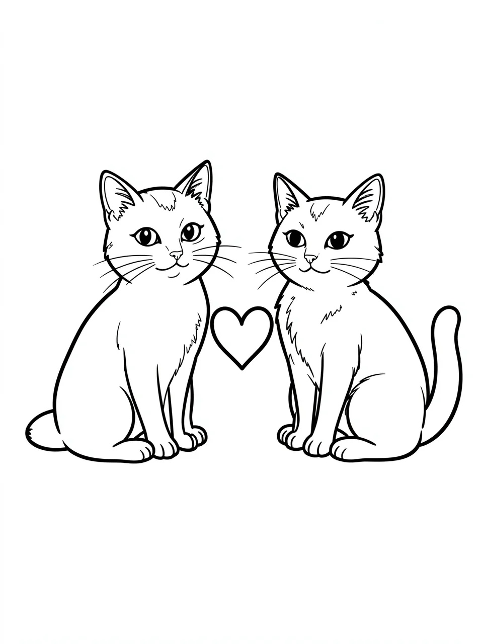 Simple black and white line art of two sitting cats with a heart between them for a coloring page