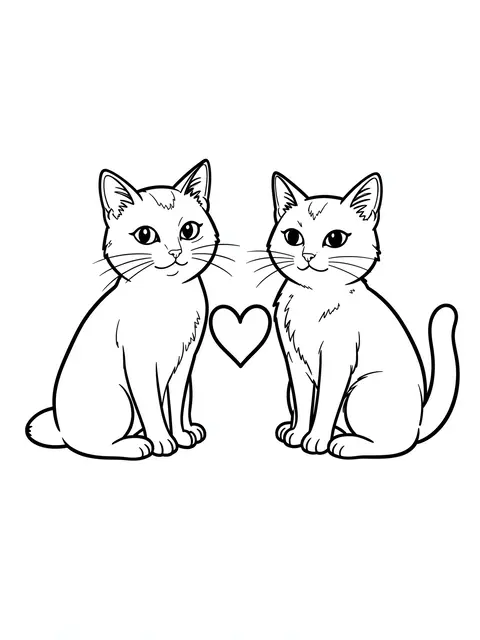 Simple black and white line art of two sitting cats with a heart between them for a coloring page