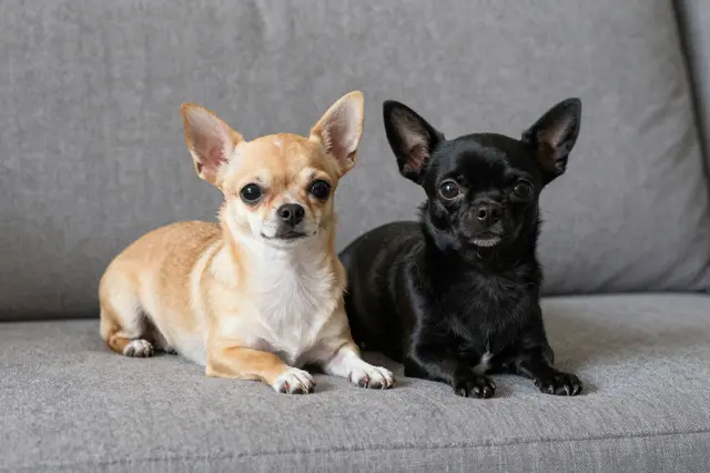 A fawn and a black Chihuahua lie side by side on a gray fabric sofa facing the camera.