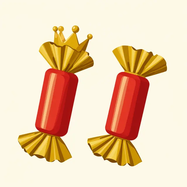 Two red Christmas crackers with ruffled gold ends, one topped with a small gold crown, on a cream background
