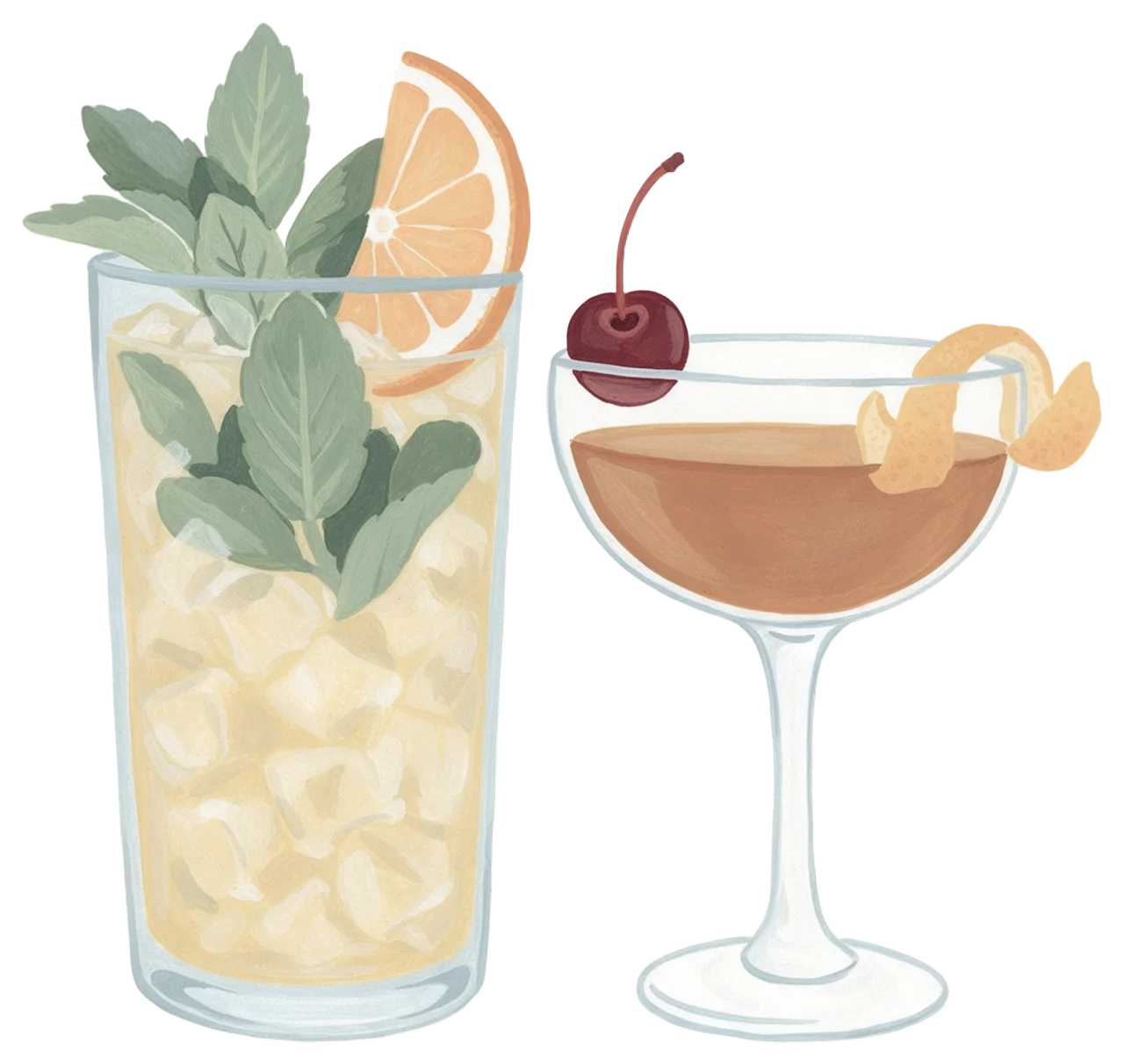 Hand-painted gouache illustration of two side-by-side cocktails, one tall and one coupe-style, with fresh garnishes.