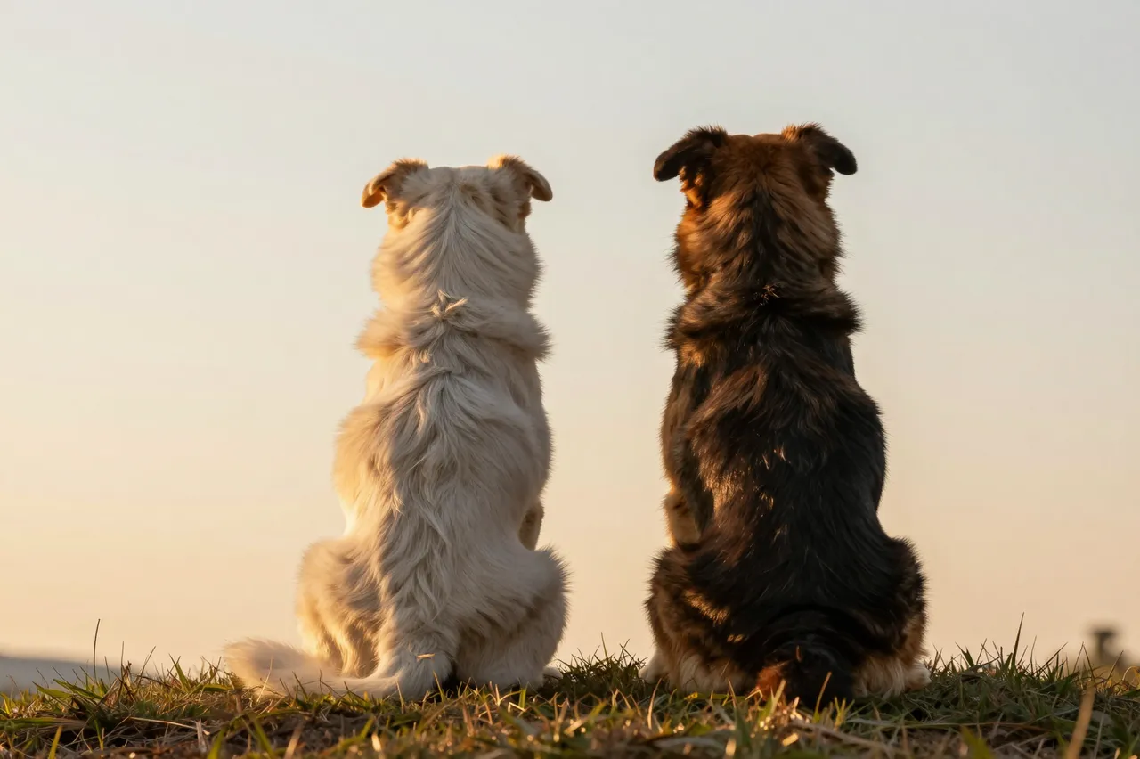 Two dogs viewed from behind sit side by side on grassy hilltop watching the sunset sky
